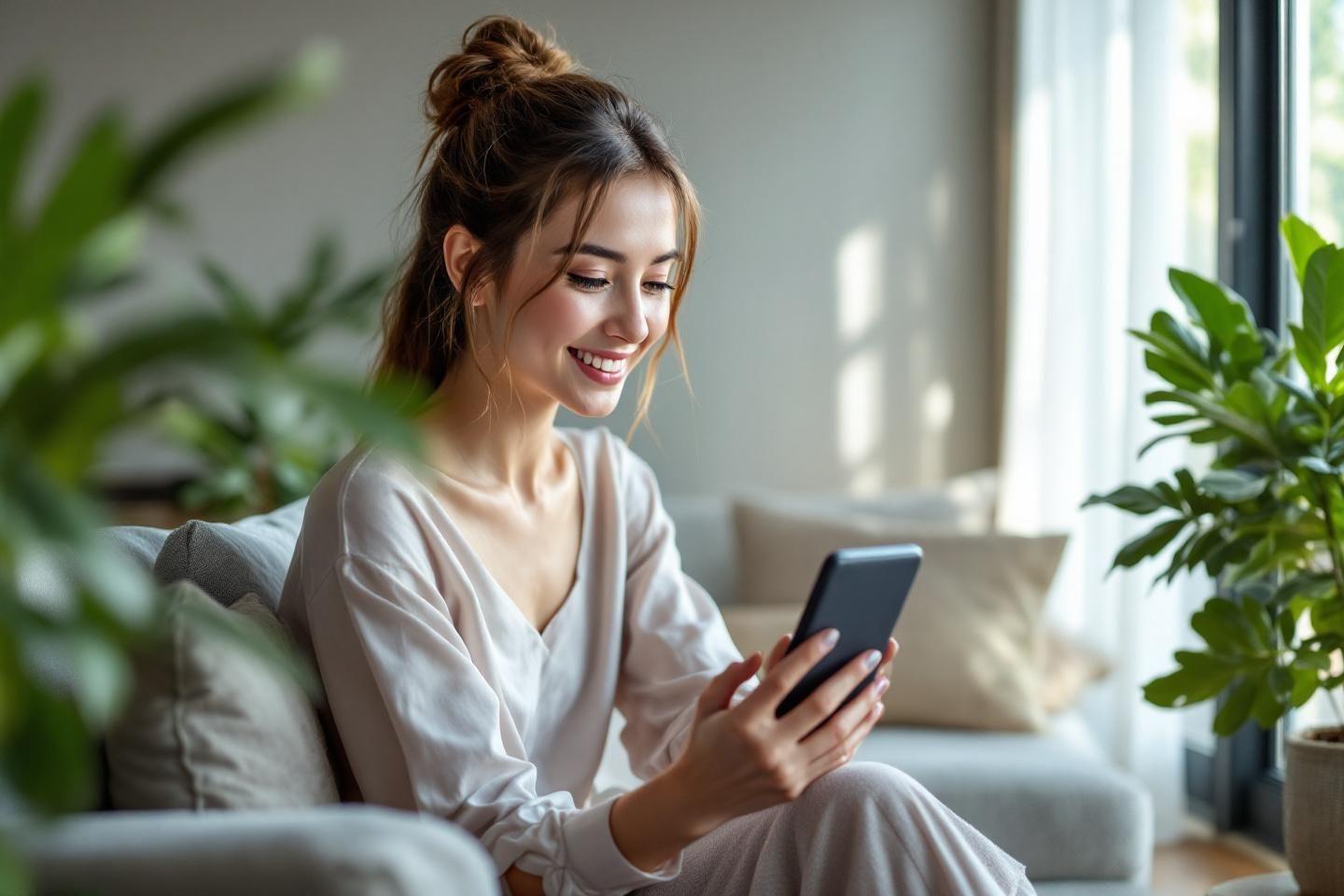 Jeune femme utilisant une tablette dans un int&eacute;rieur lumineux