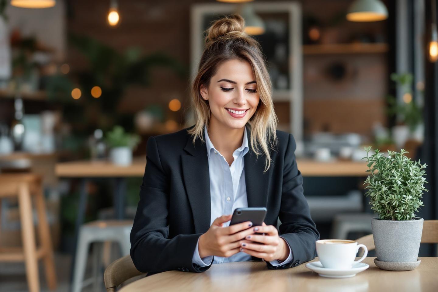 Jeune professionnelle travaillant sur smartphone dans un caf&eacute; moderne