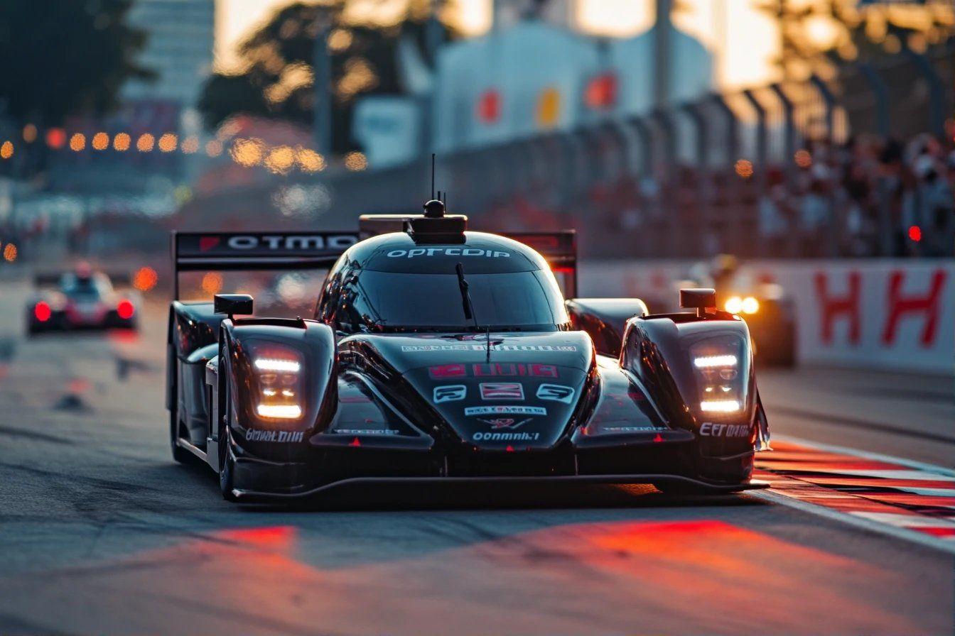 Voiture de course de nuit sur circuit avec &eacute;clairages allum&eacute;s