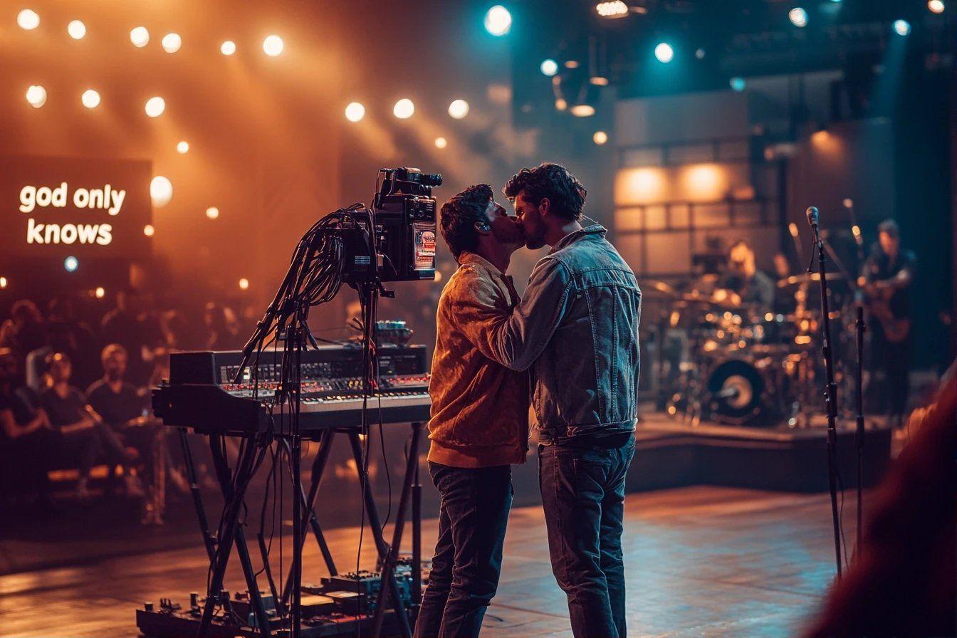 Deux musiciens s'embrassent pr&egrave;s des instruments de musique