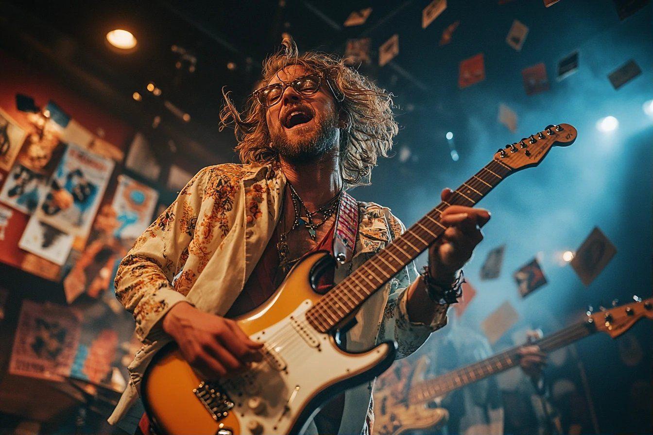 Musicien passionn&eacute; jouant de la guitare &eacute;lectrique sur sc&egrave;ne
