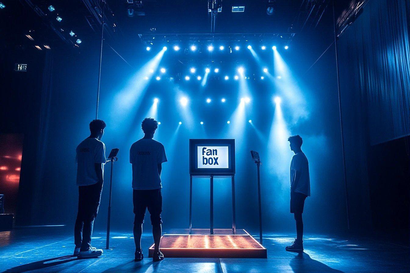 Trois silhouettes autour d'un &eacute;cran Fanbox sous lumi&egrave;res bleues