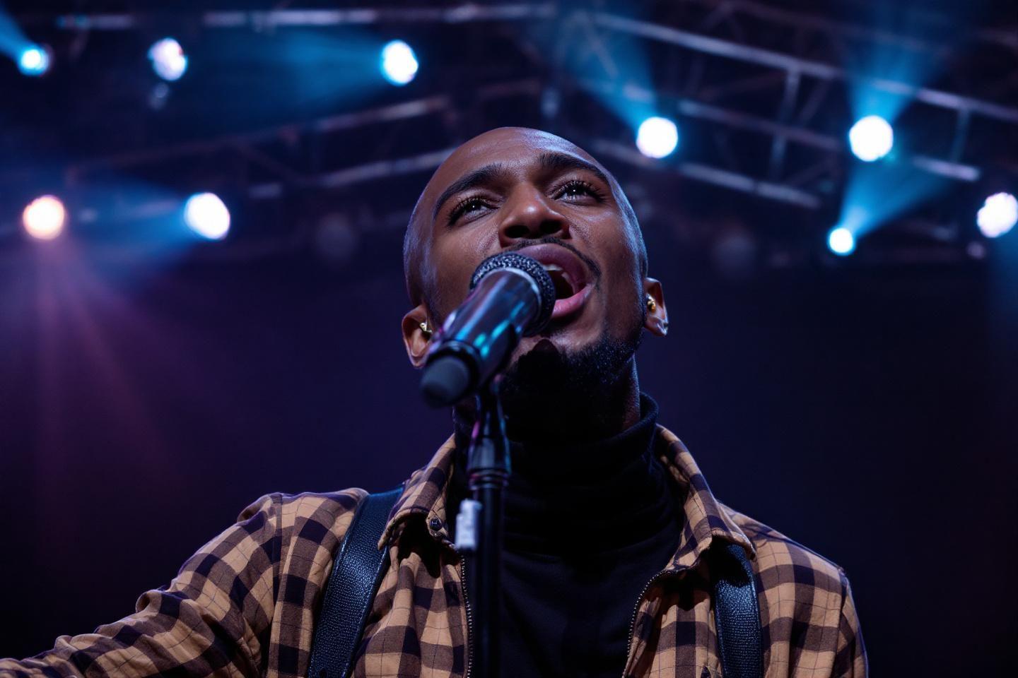 Artiste au micro chantant avec &eacute;motion sous les projecteurs