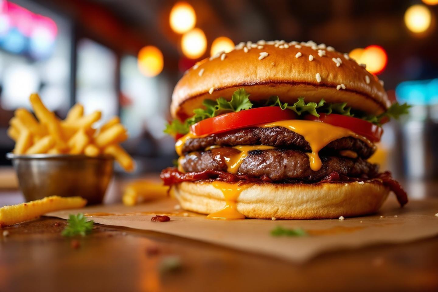 Gros plan d'un cheeseburger dor&eacute; et juteux avec frites
