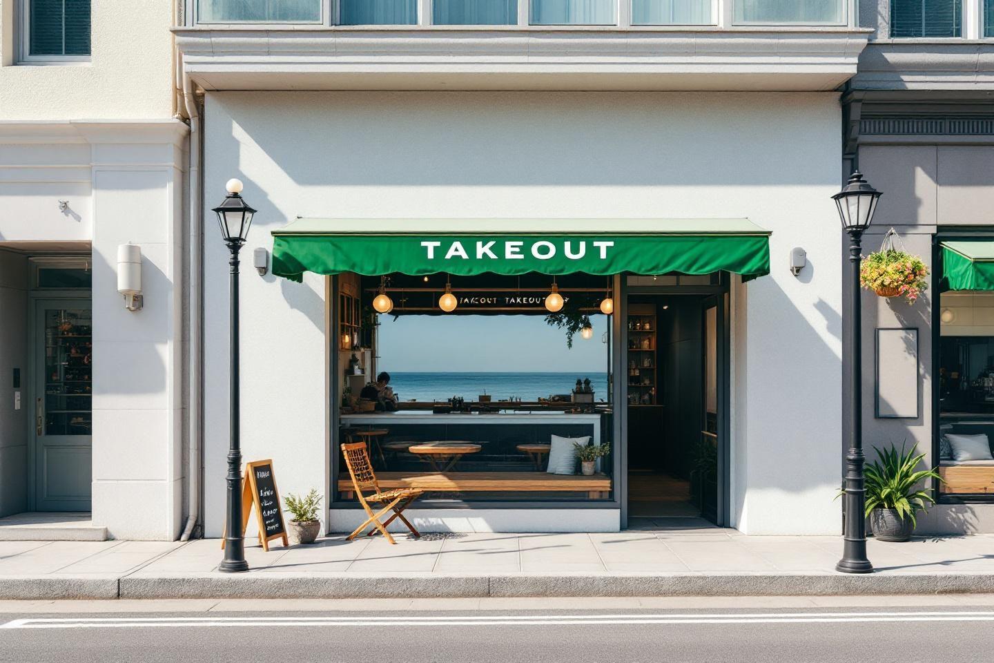 Petit caf&eacute; de takeout avec vue sur l'oc&eacute;an et auvent vert