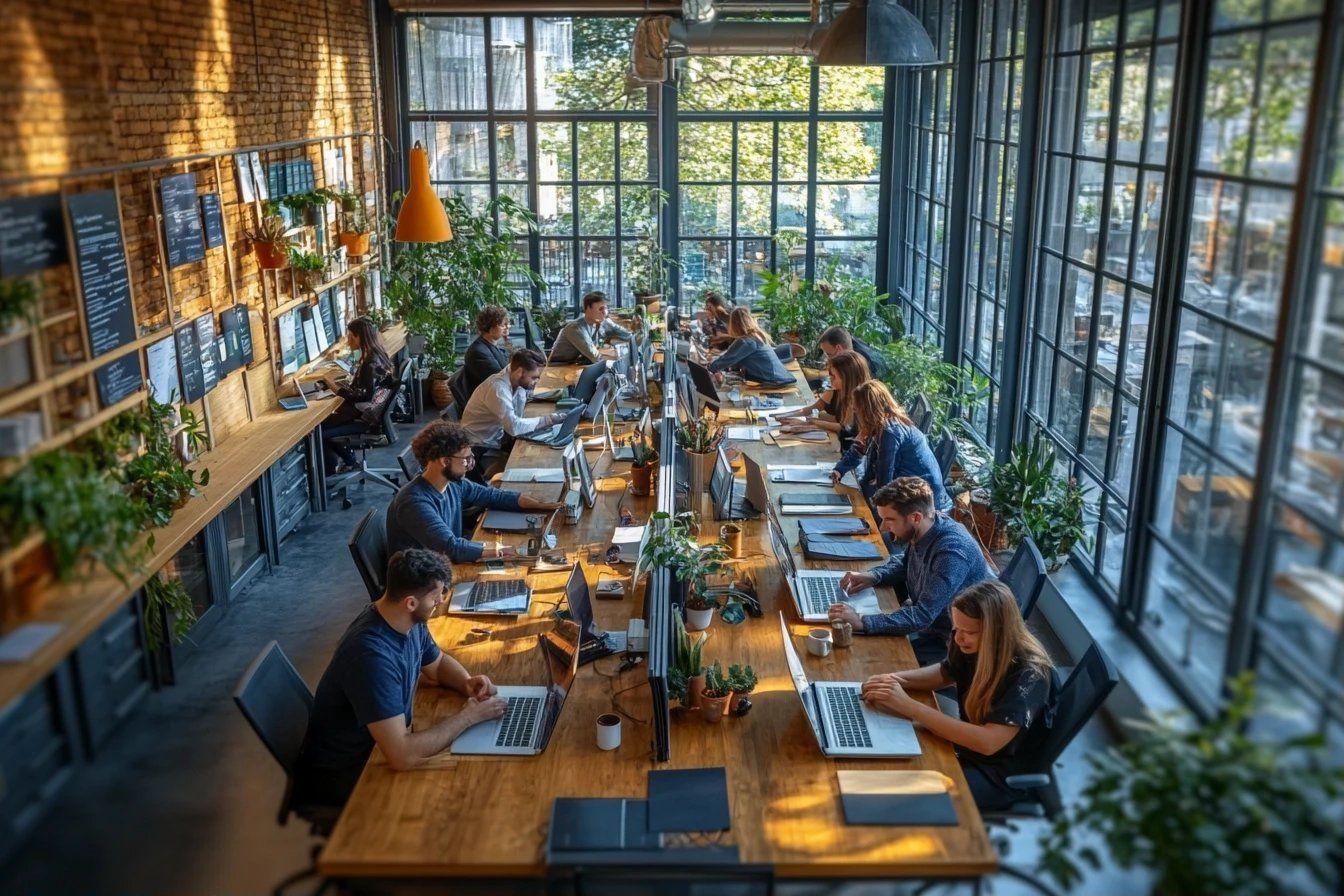 Bureau ouvert lumineux avec des employés et de nombreuses plantes vertes