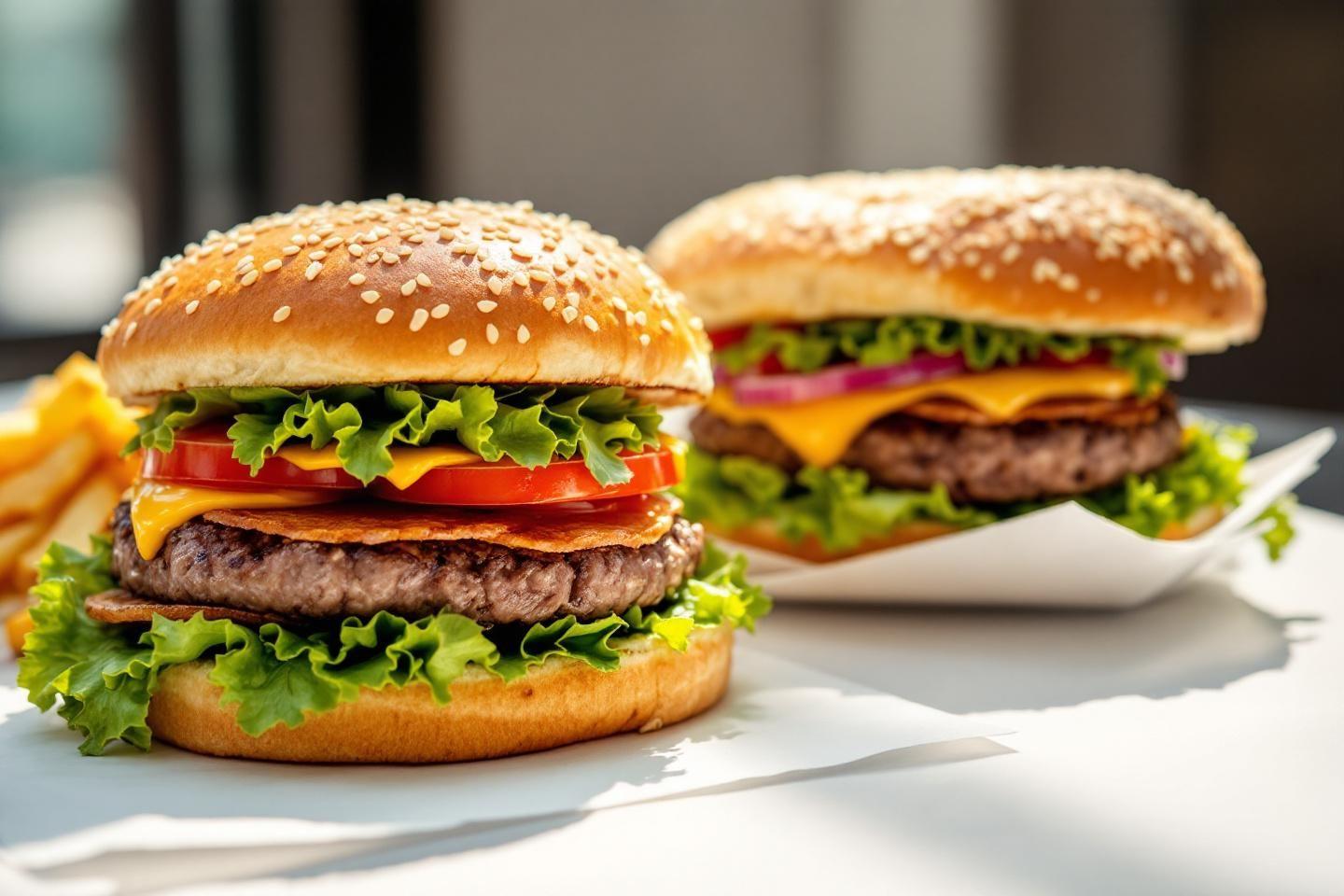 Hamburgers avec steak, fromage, laitue et tomate sur fond blanc