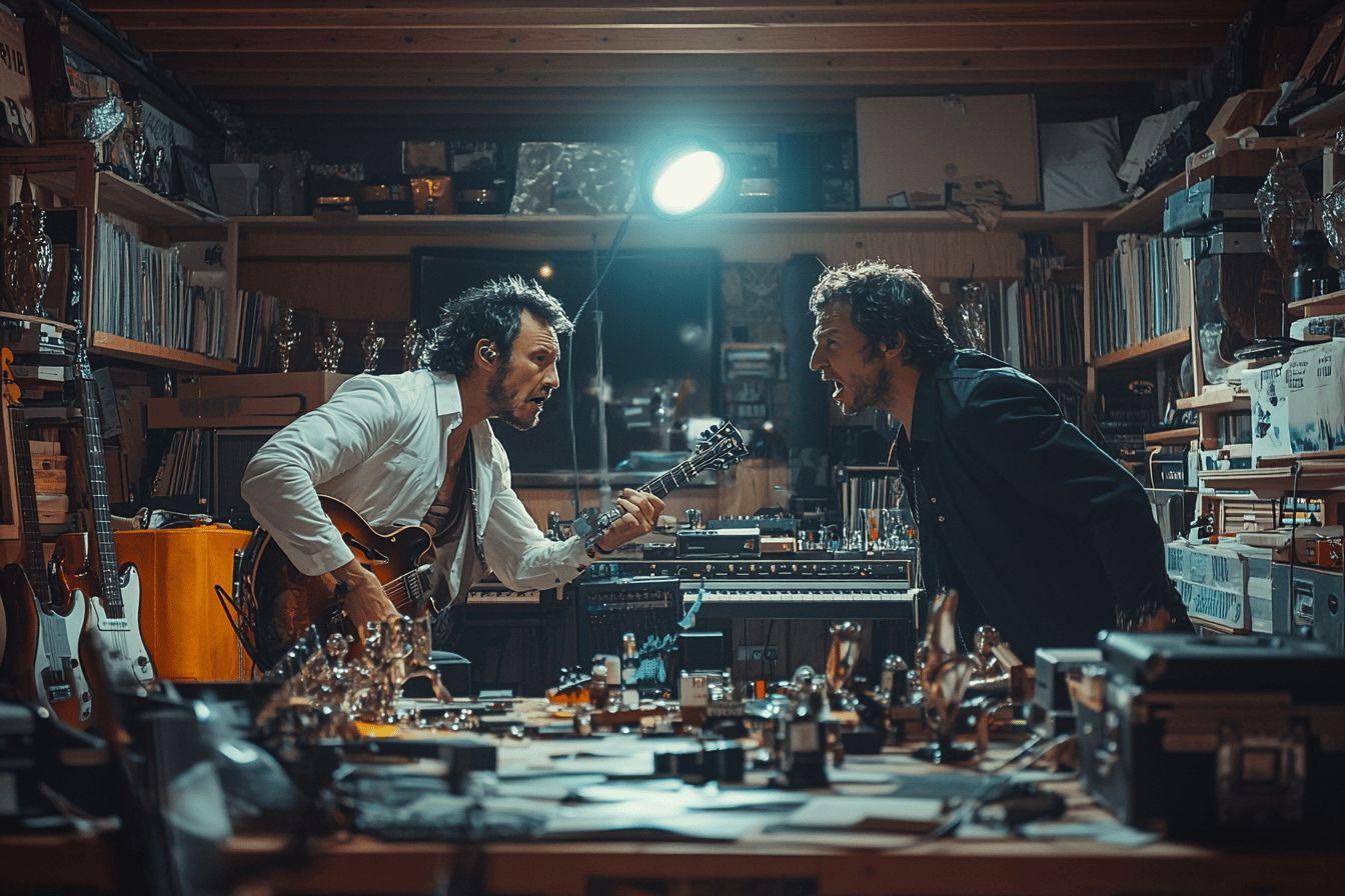 Deux musiciens face &agrave; face dans un studio encombr&eacute; de mat&eacute;riel