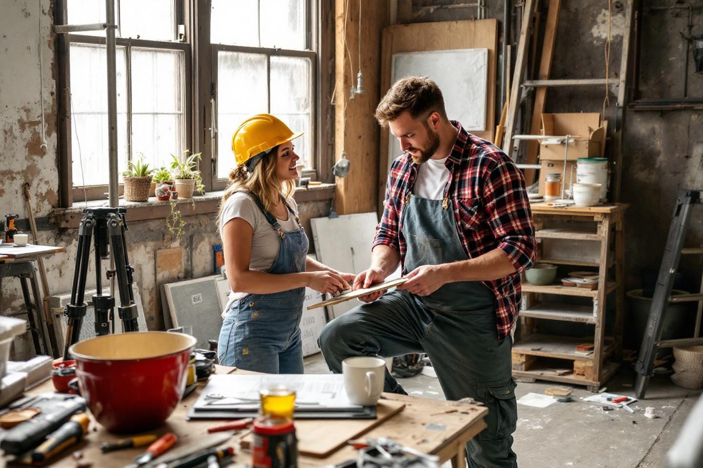 Deux artisans travaillant ensemble dans un atelier industriel