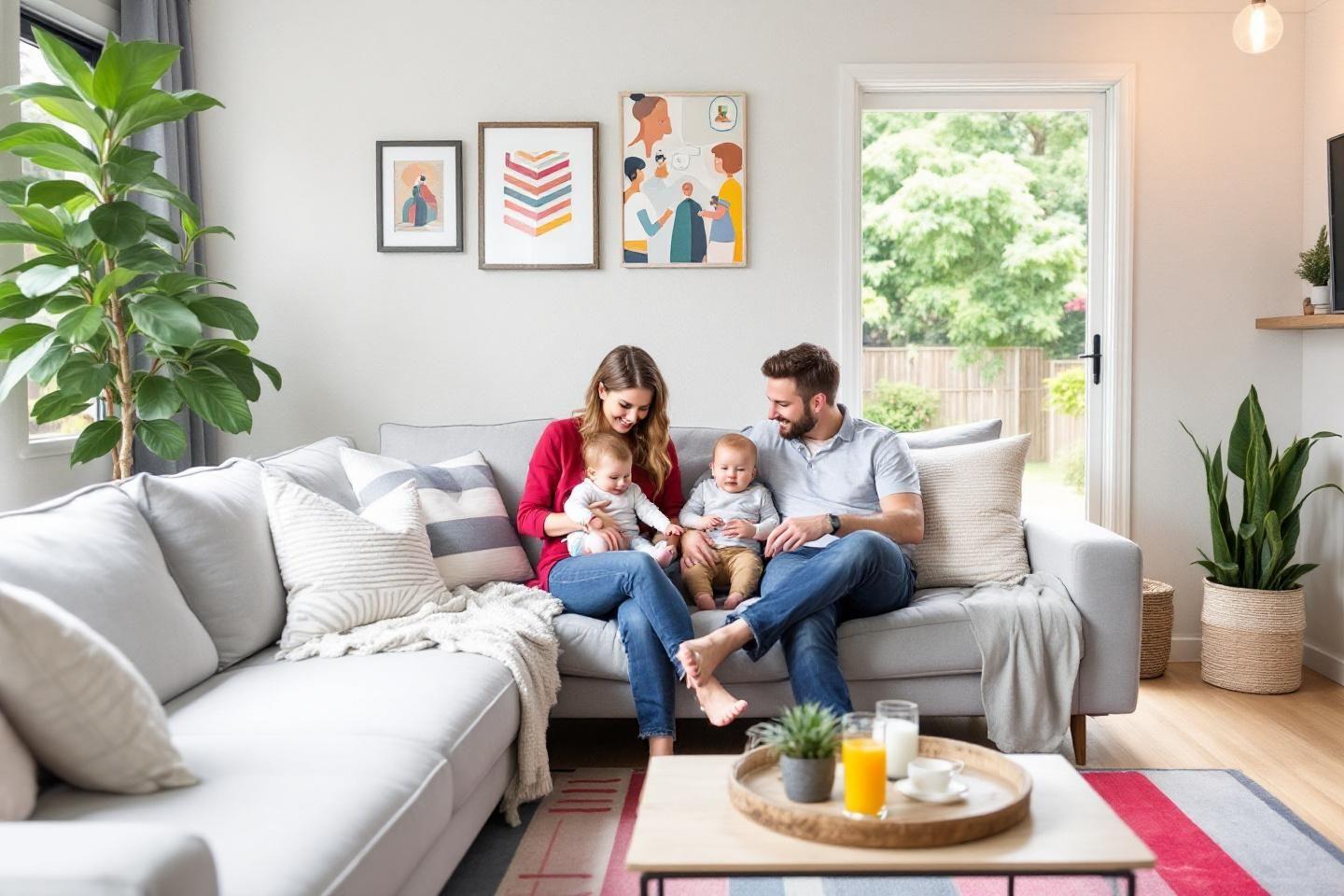 Parents avec deux bébés assis sur un canapé gris