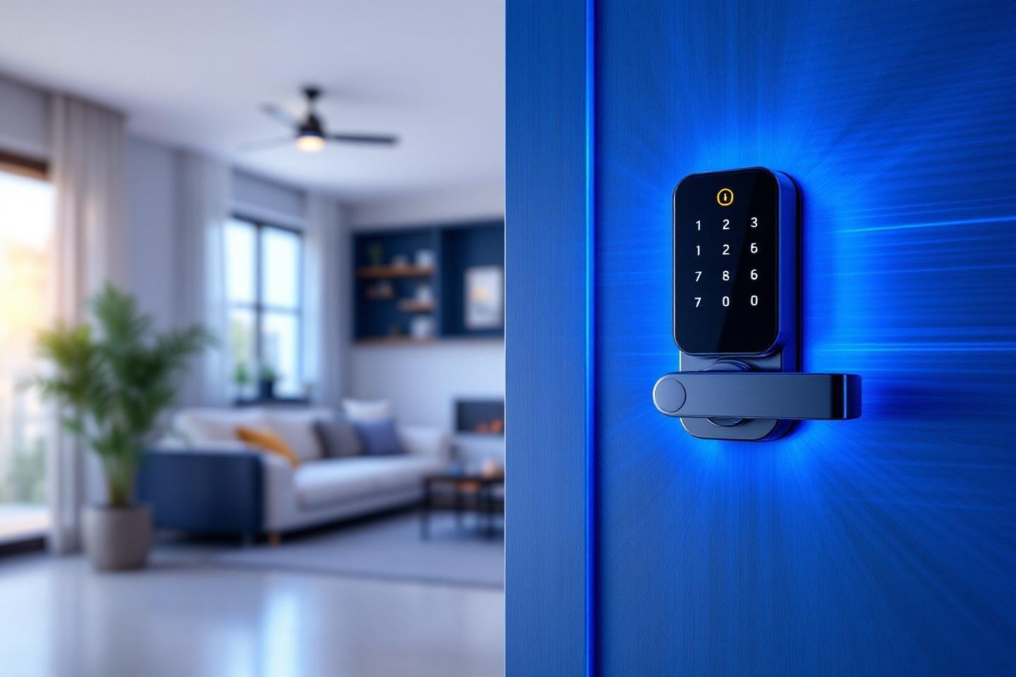 Serrure électronique moderne avec clavier numérique sur porte bleue