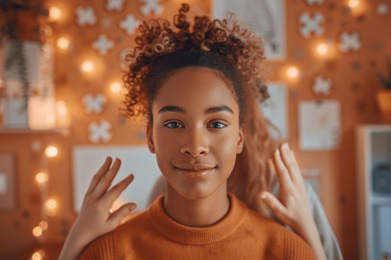 Une femme avec des cheveux boucl&eacute;s sourit doucement dans un d&eacute;cor color&eacute;.