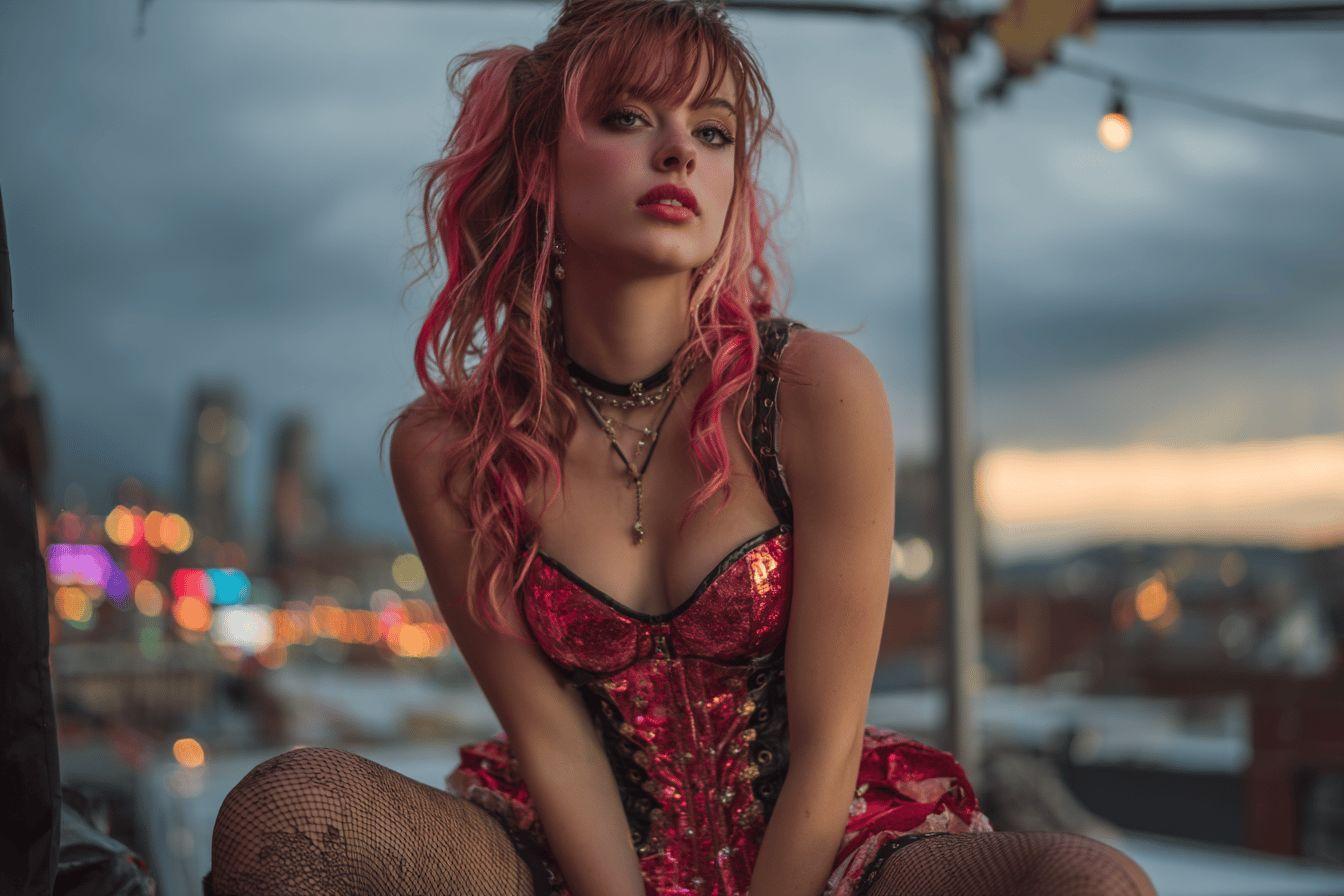 Femme aux cheveux roses dans un corset rouge, urbain