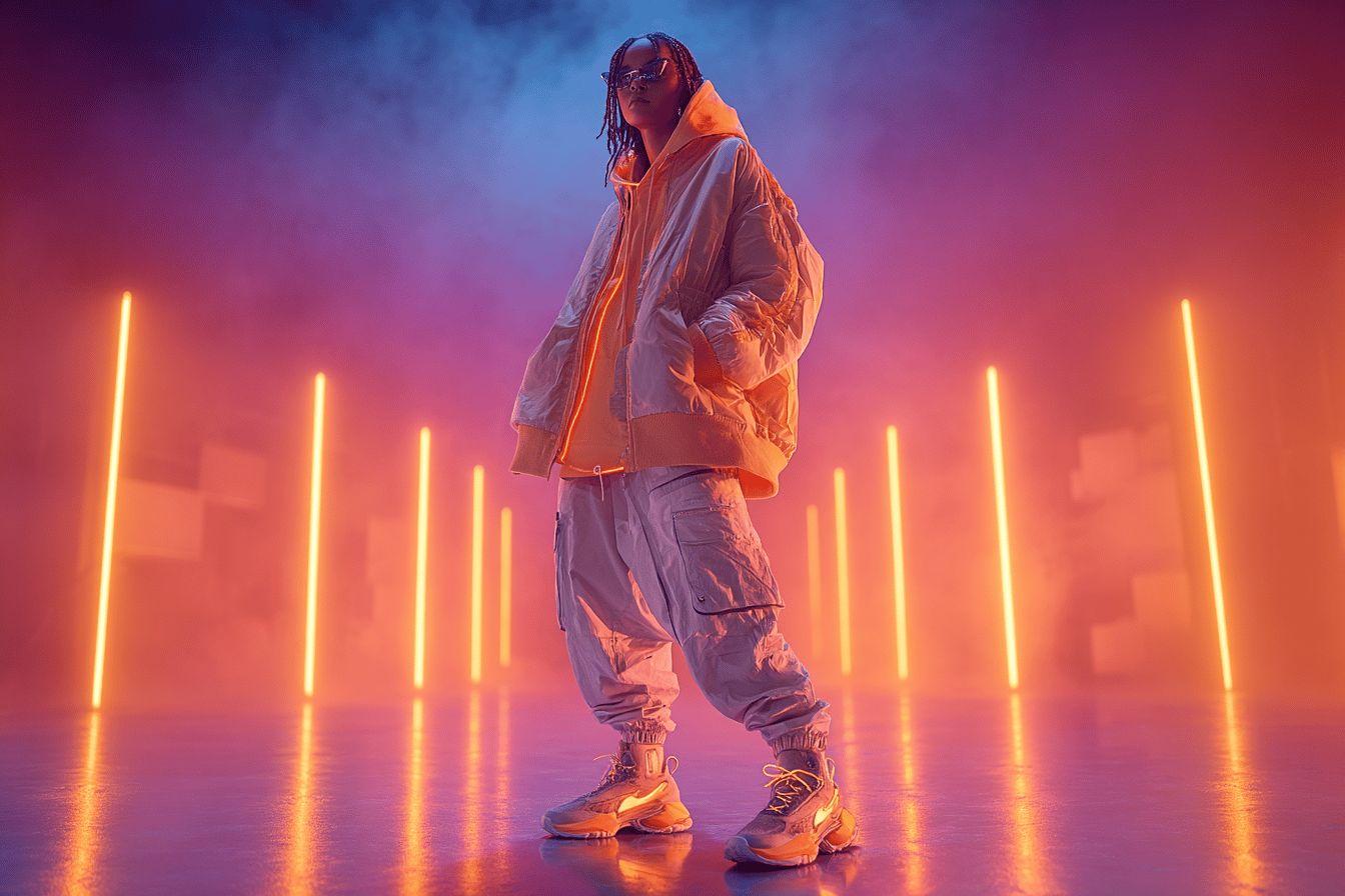 Figure urbaine posant avec des colonnes lumineuses orangées