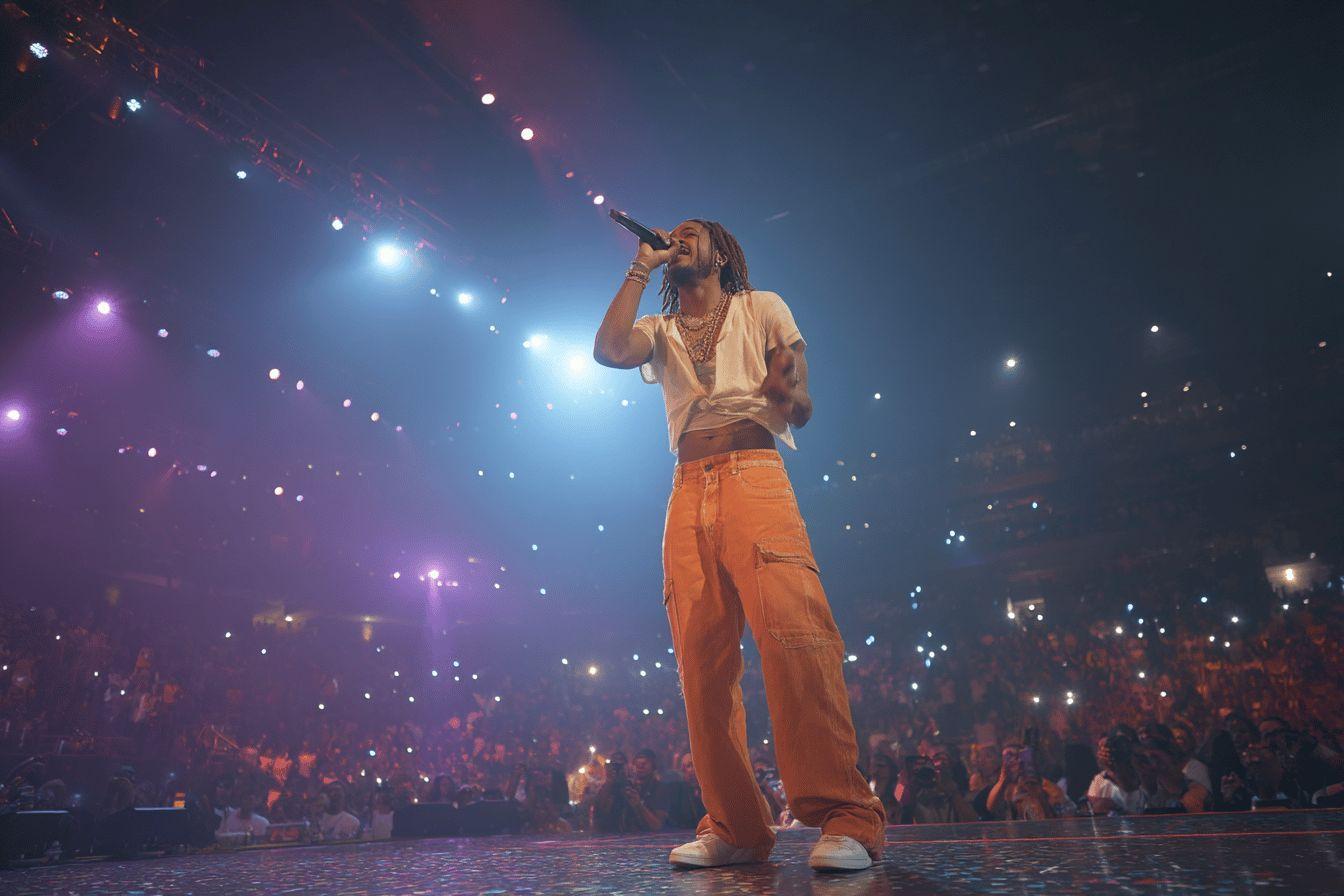 Chanteur avec micro sous des lumières colorées de concert