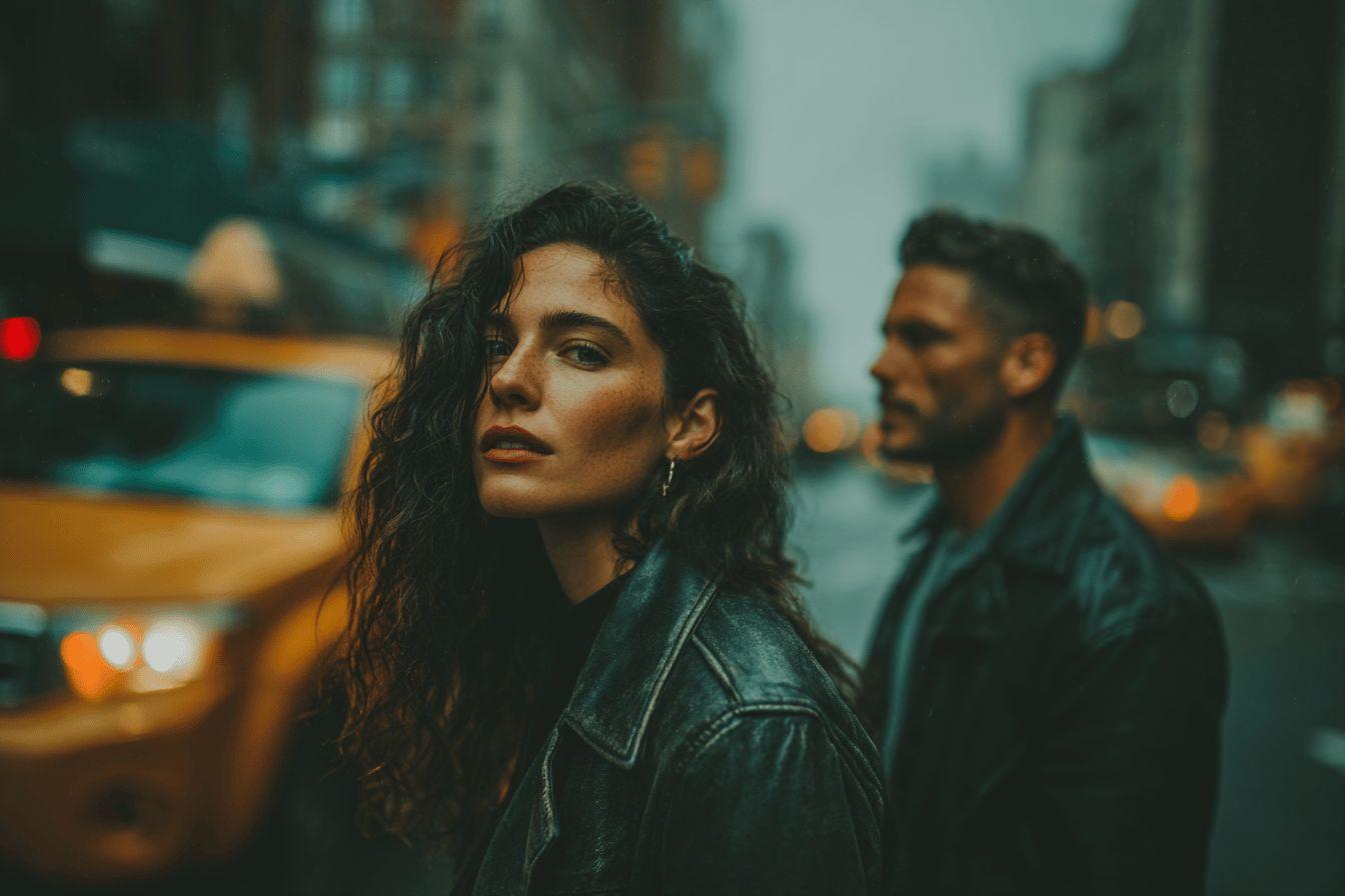 Deux personnes dans une rue brumeuse, regard intense