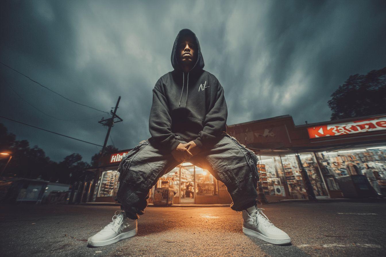 Silhouette à capuche devant une supérette, éclairage dramatique