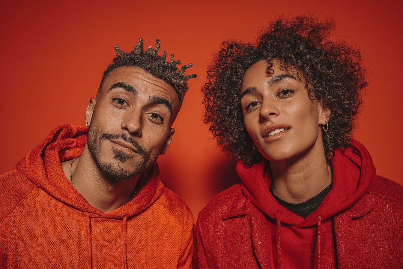 Deux personnes en sweat &agrave; capuche rouge sur fond orange