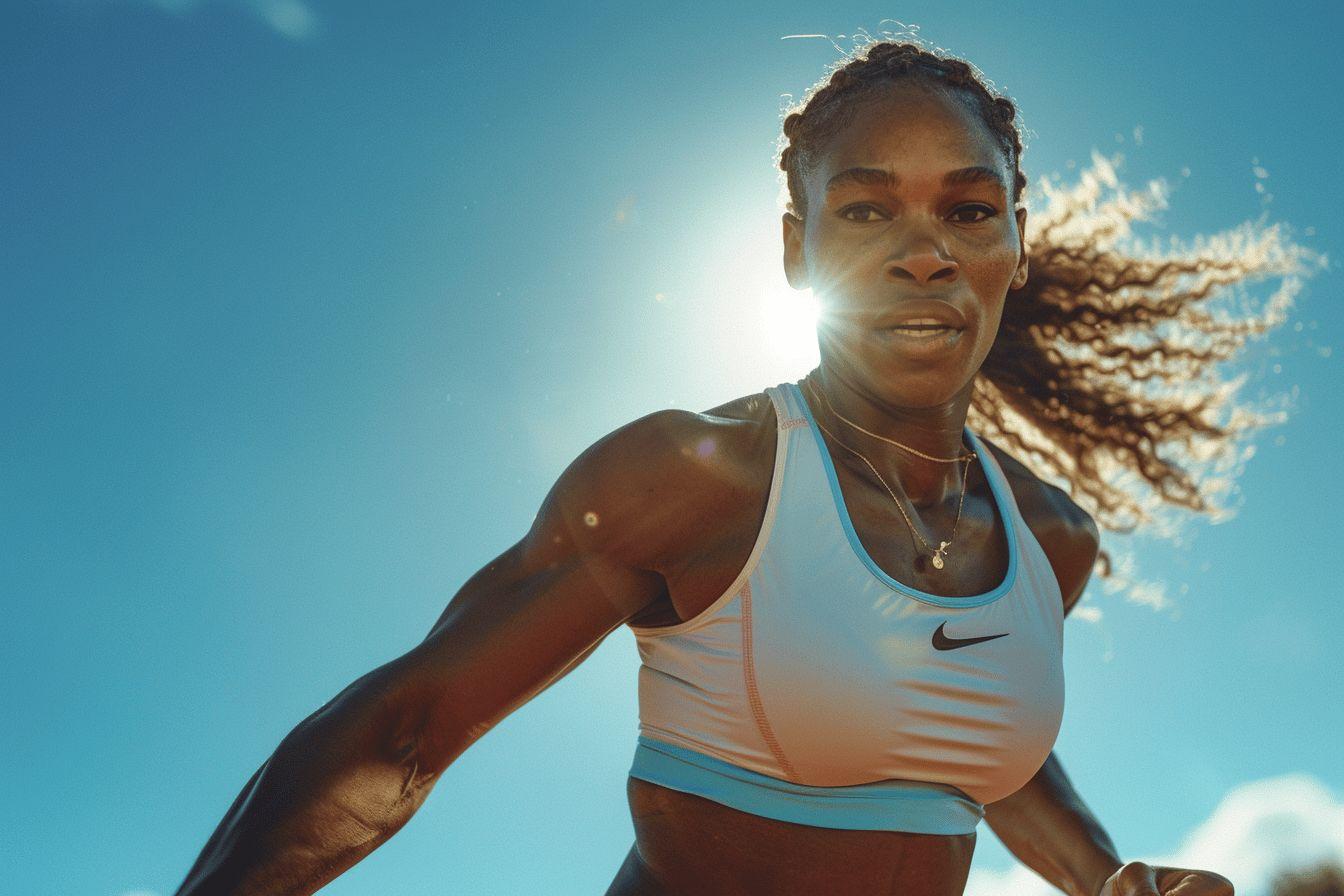 Femme athl&eacute;tique aux cheveux boucl&eacute;s, vue contre-plong&eacute;e.