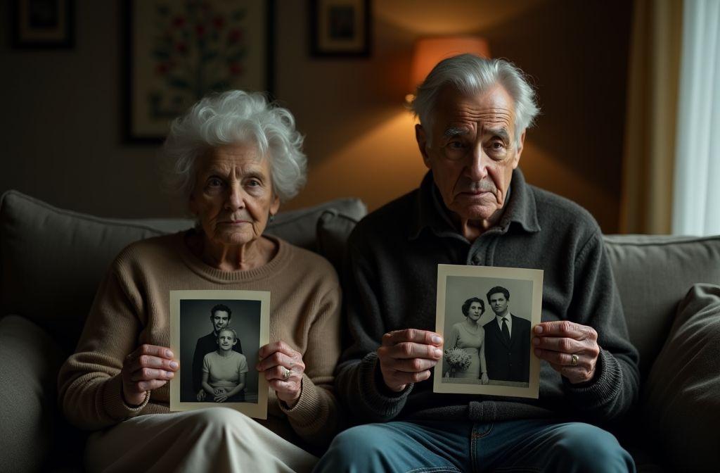 Couple &acirc;g&eacute; tenant des photos de leur jeunesse