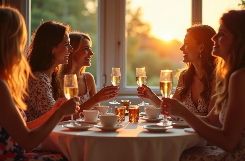 Groupe de femmes trinquant avec du champagne pr&egrave;s d'une fen&ecirc;tre