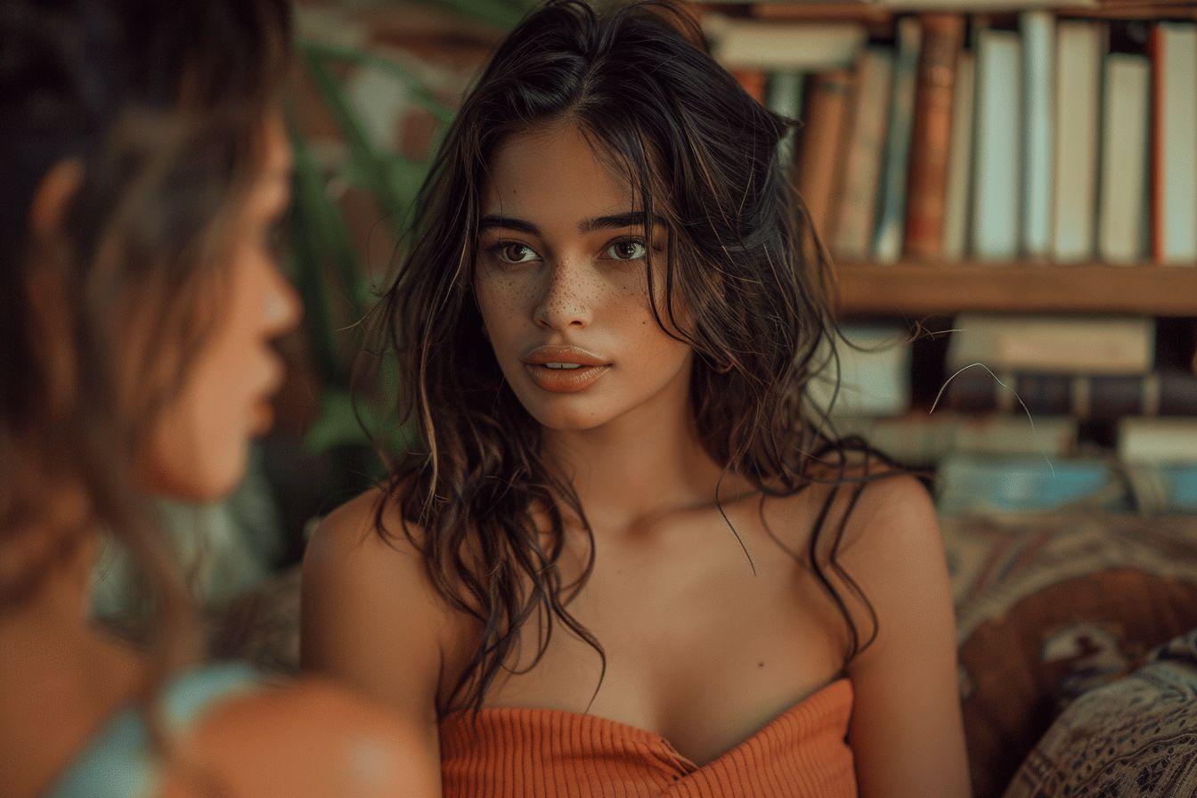 Jeune femme aux cheveux boucl&eacute;s devant une biblioth&egrave;que