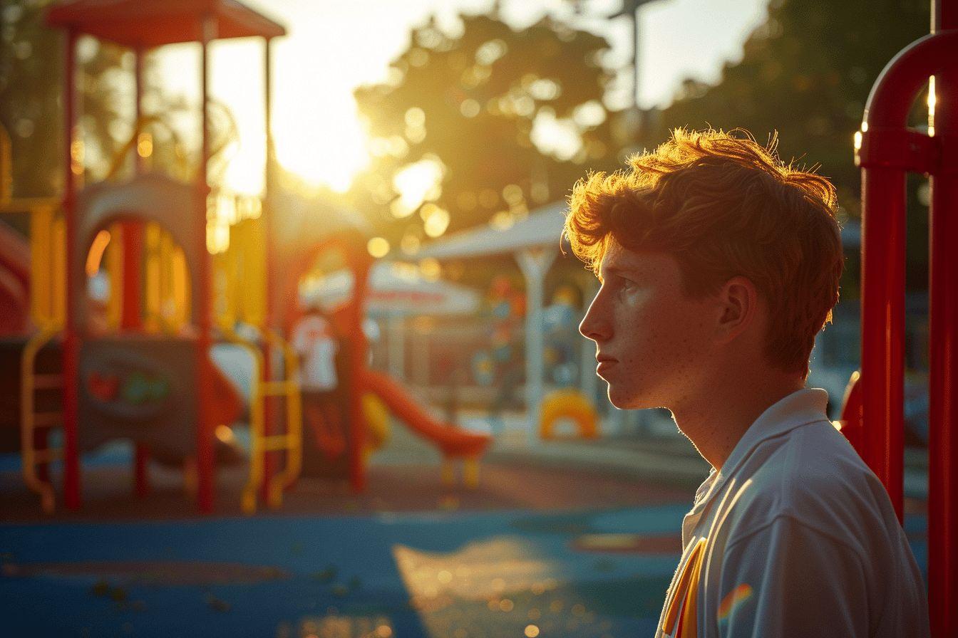 Un jeune gar&ccedil;on regardant dans la distance sur un carrousel au coucher du soleil