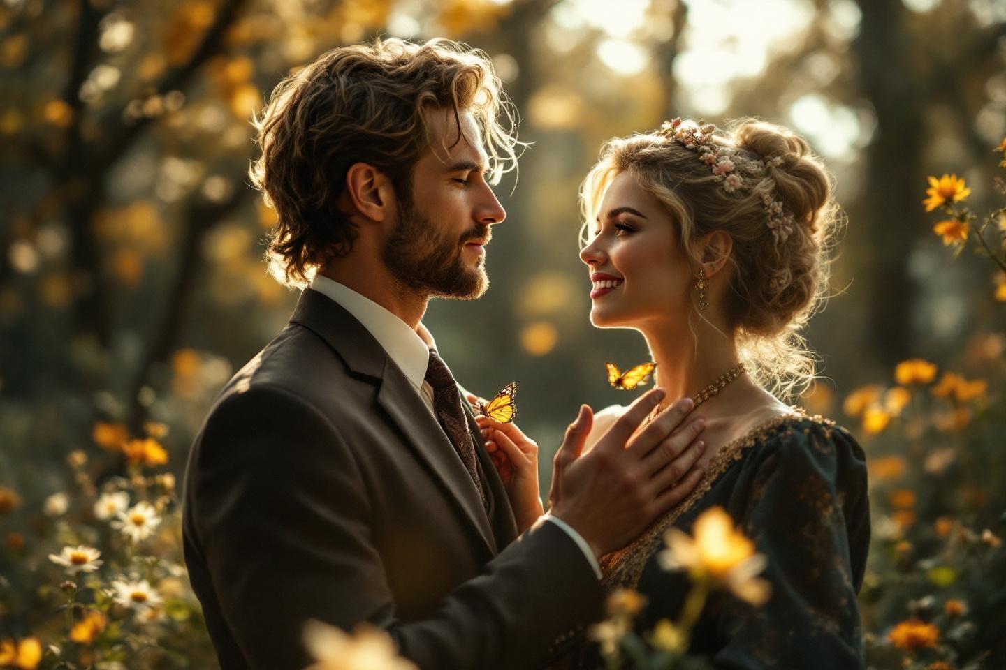 Couple &eacute;l&eacute;gant enlac&eacute; dans un jardin d'automne dor&eacute;