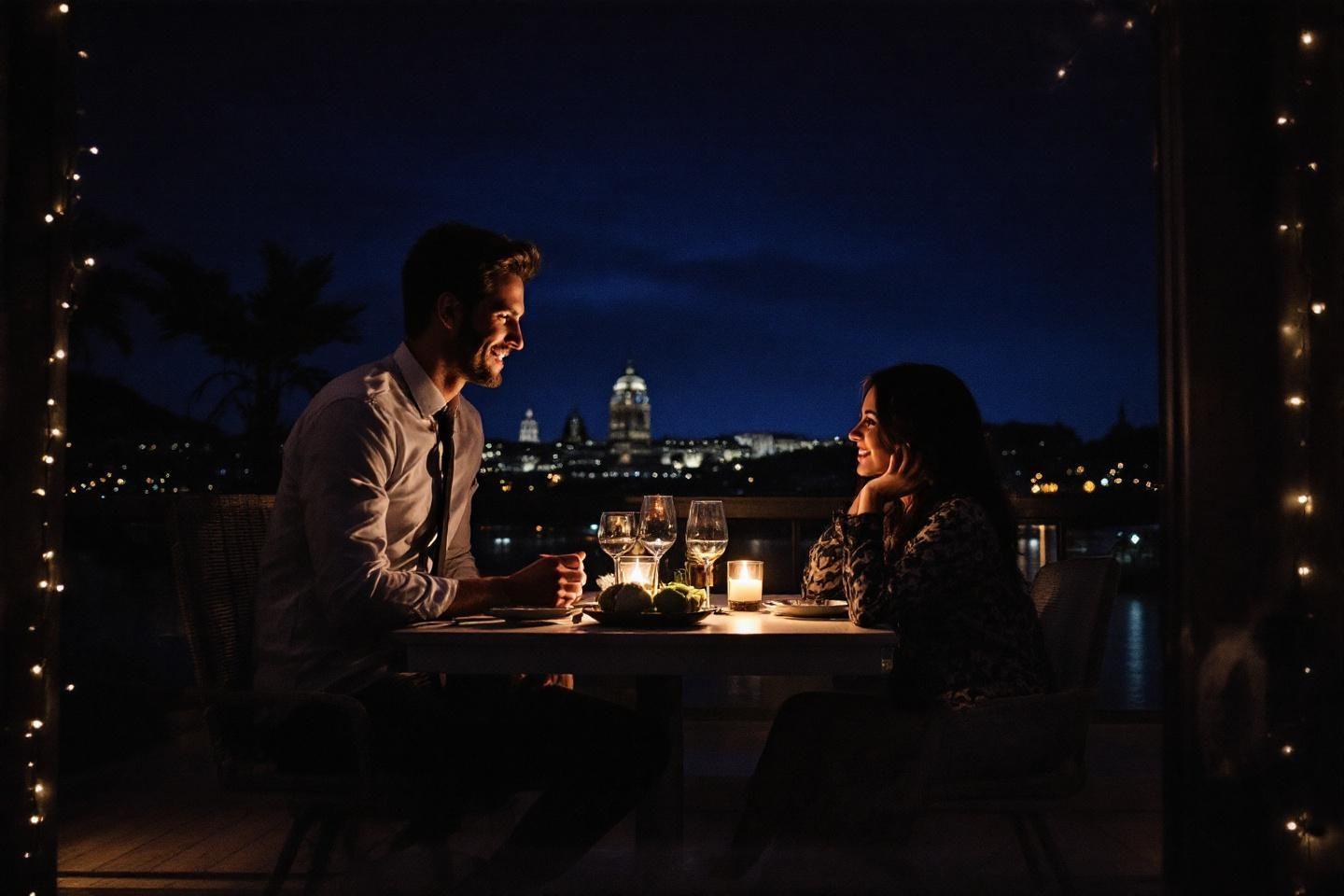 Couple d&icirc;nant aux chandelles avec panorama urbain nocturne