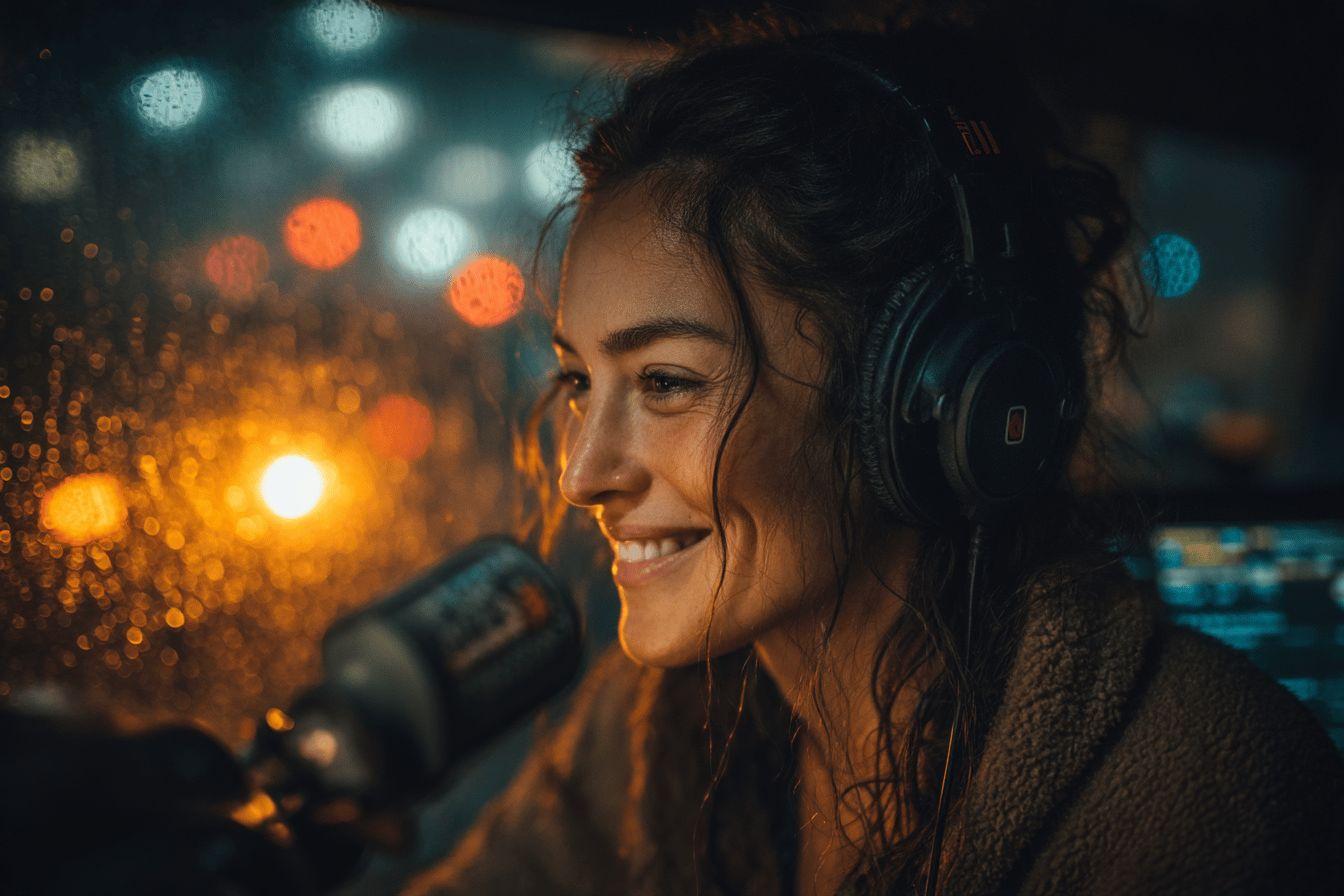 Femme souriante au micro avec des lumi&egrave;res de ville