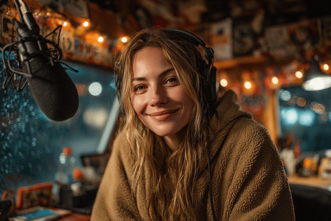 Femme souriante avec des &eacute;couteurs et un micro