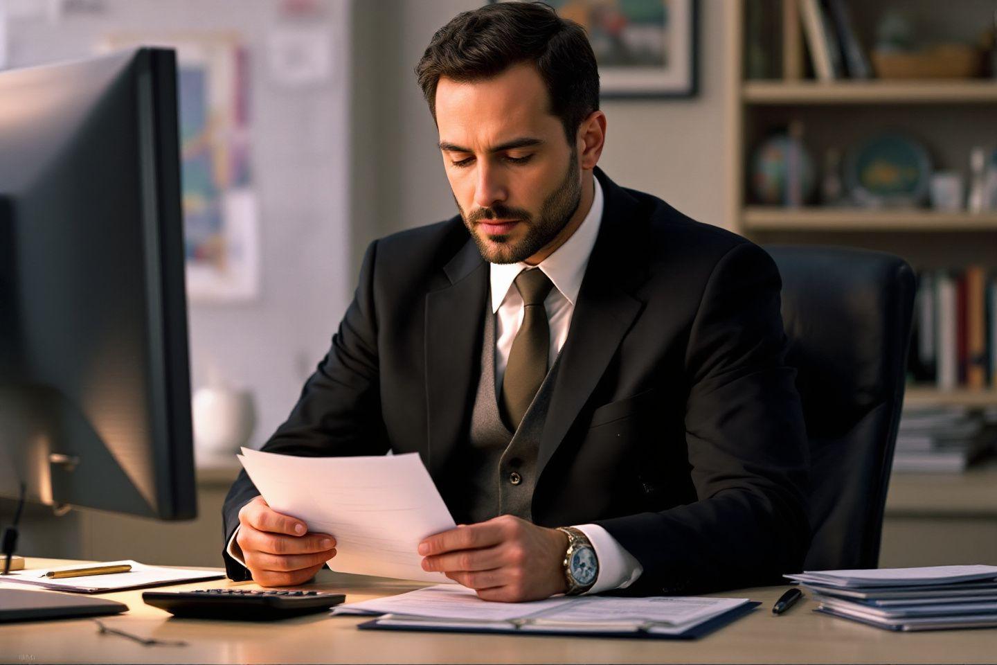 Employ&eacute; de bureau concentr&eacute; lisant des documents