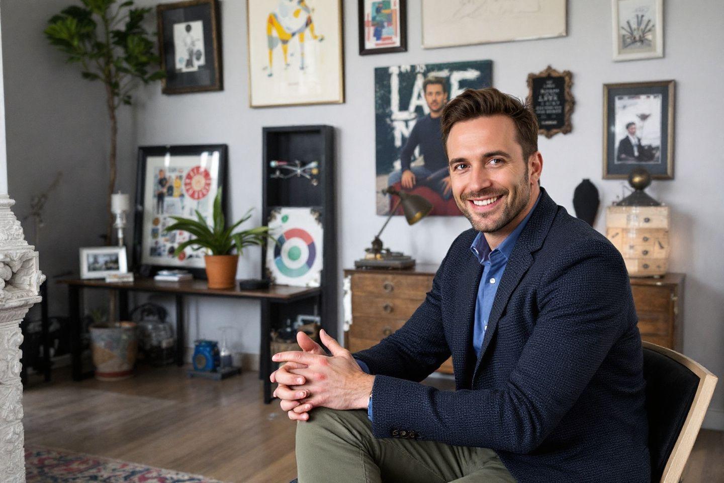 Un homme d'affaires souriant assis dans un bureau d&eacute;cor&eacute;