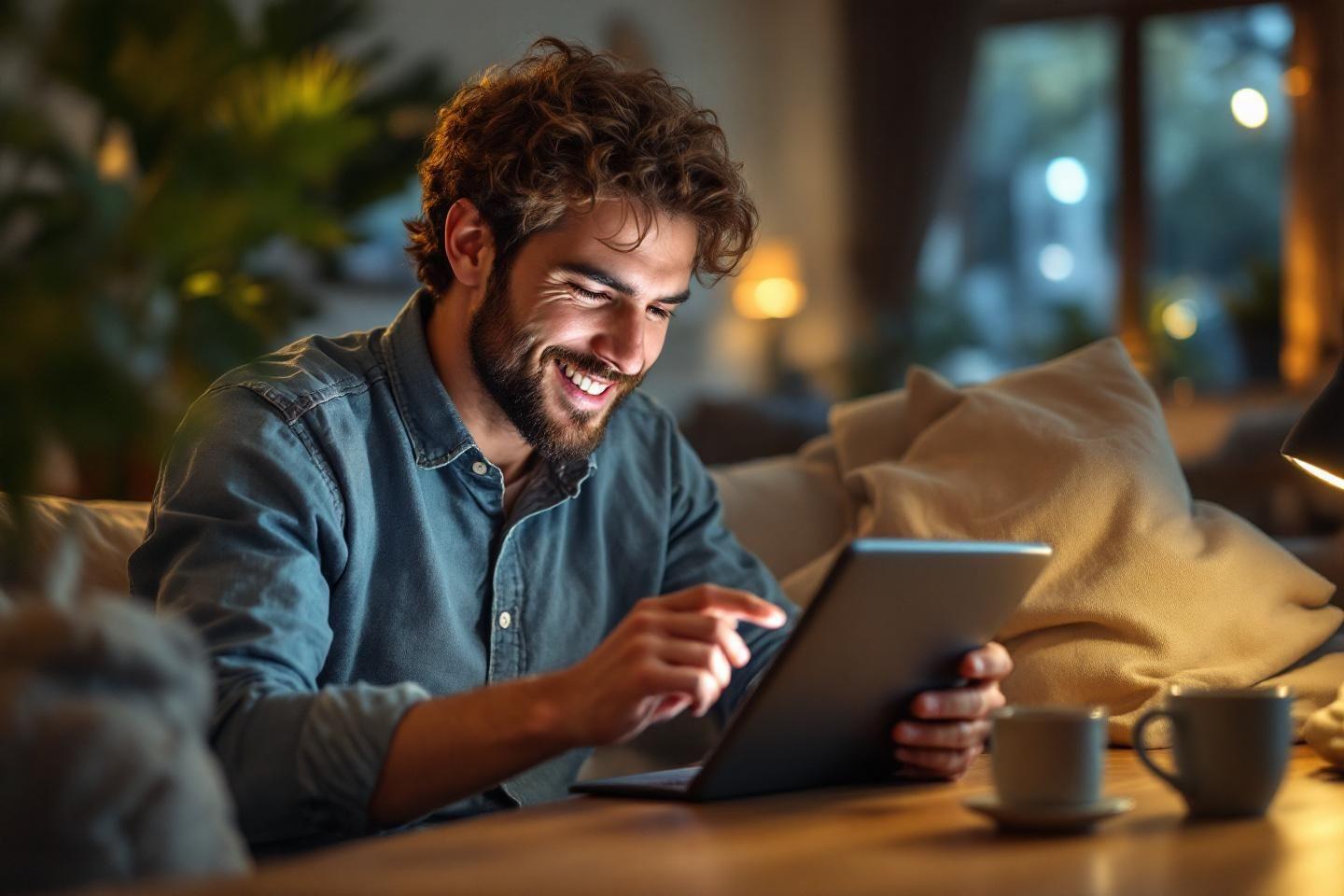 Homme joyeux utilisant une tablette dans un int&eacute;rieur chaleureux