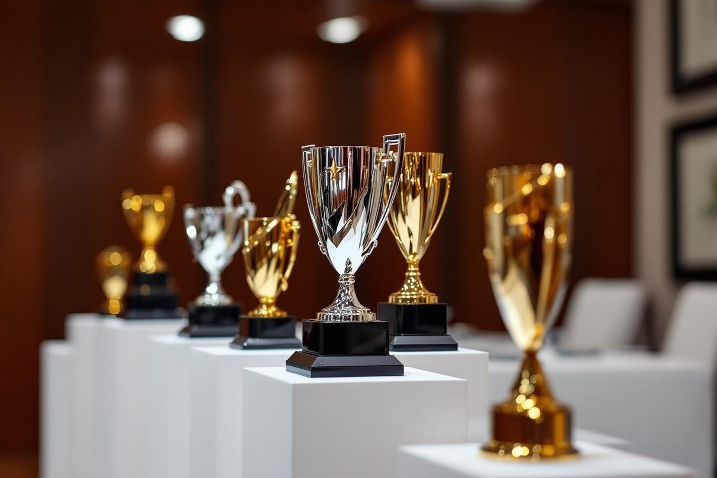 Plusieurs coupes de r&eacute;compense dor&eacute;es et argent&eacute;es