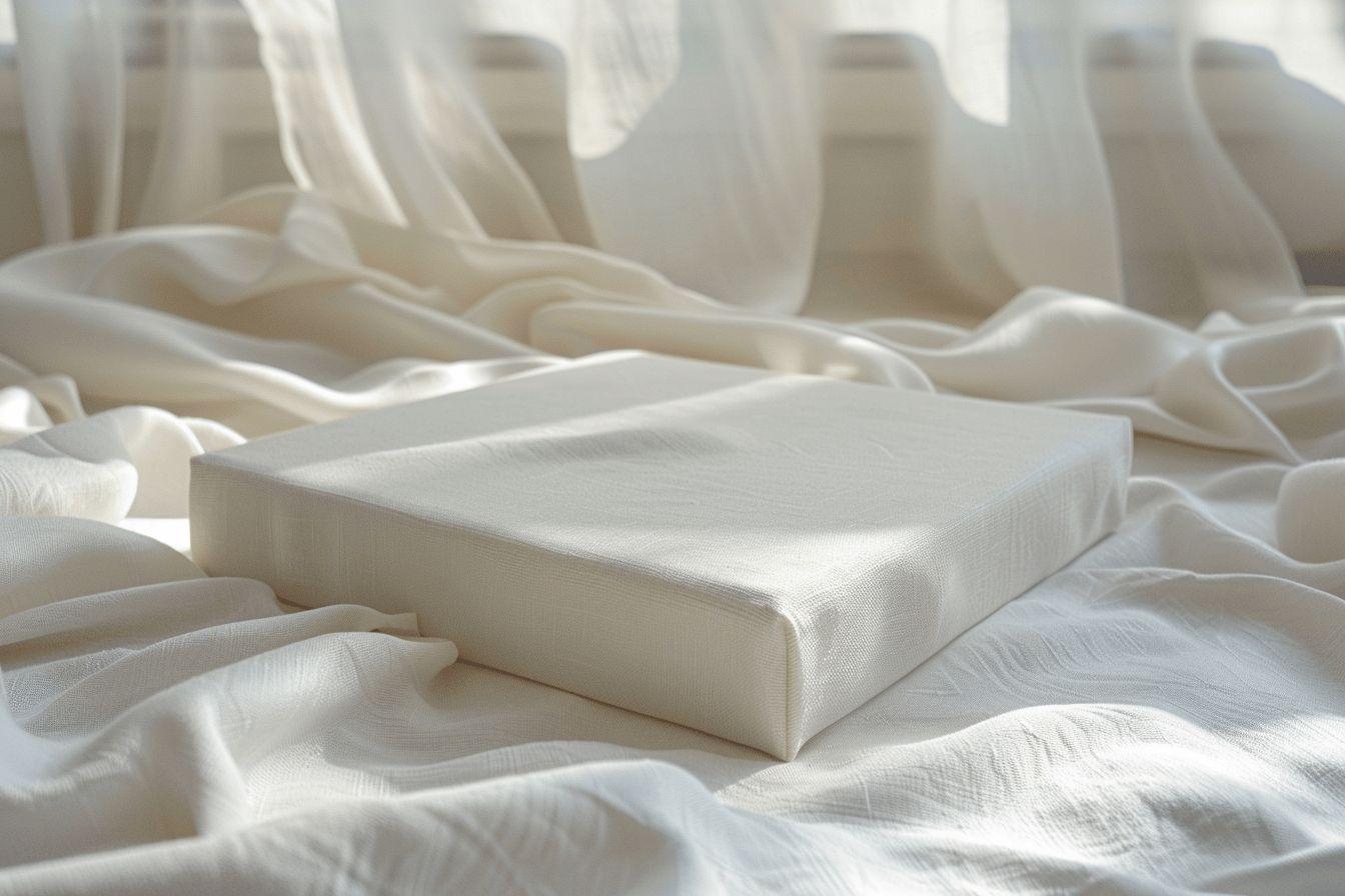 Boîte blanche sur des draps de coton blanc froissés