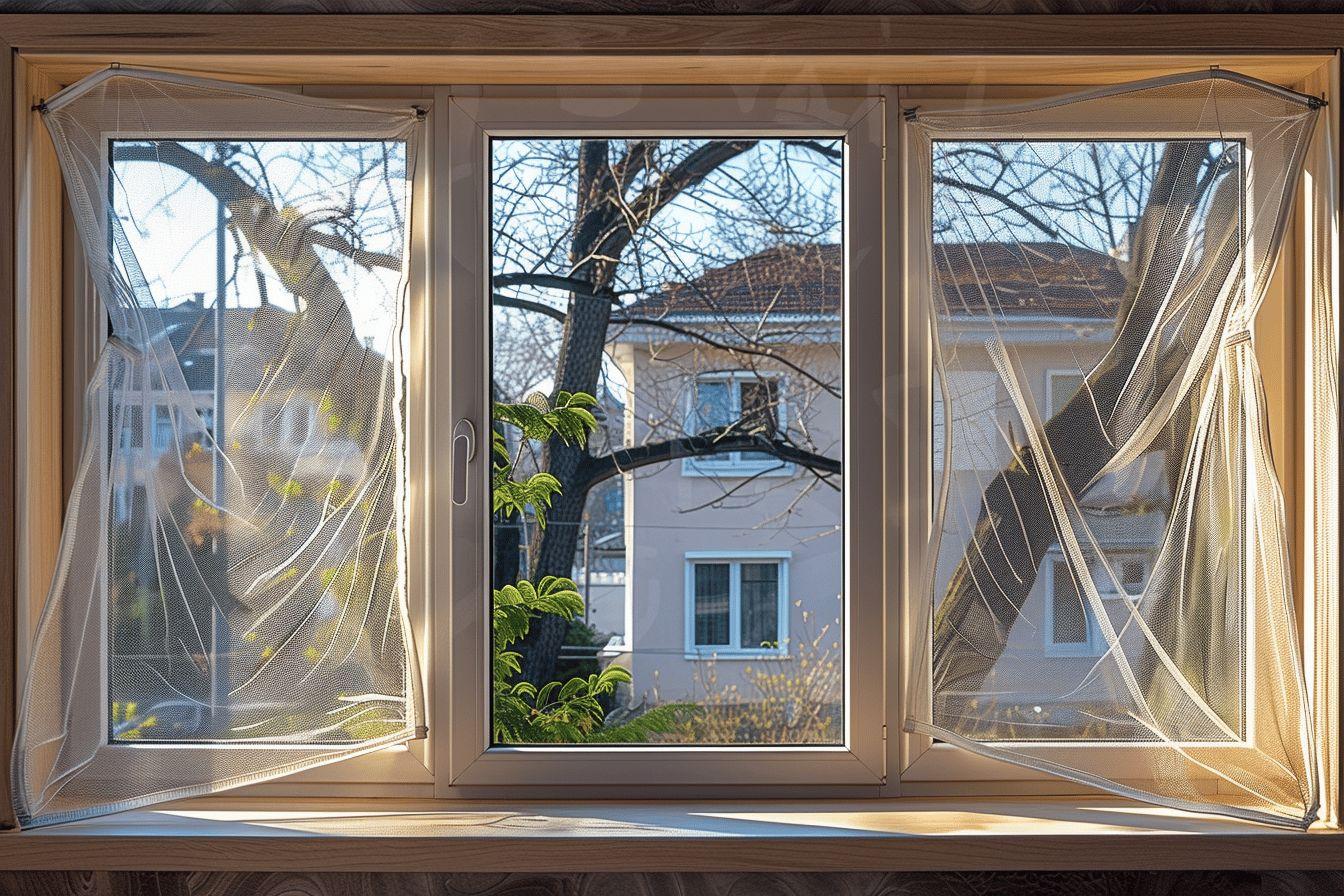 Une fenêtre en bois ouvrant sur un paysage urbain, avec des branches d'arbres et un bâtiment bleu.