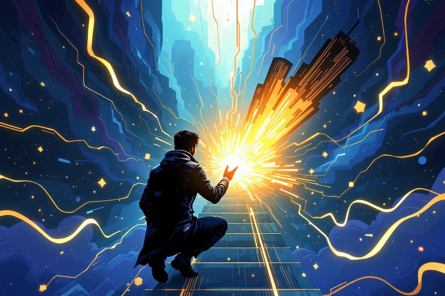 Silhouette créant une explosion lumineuse dans un espace technologique