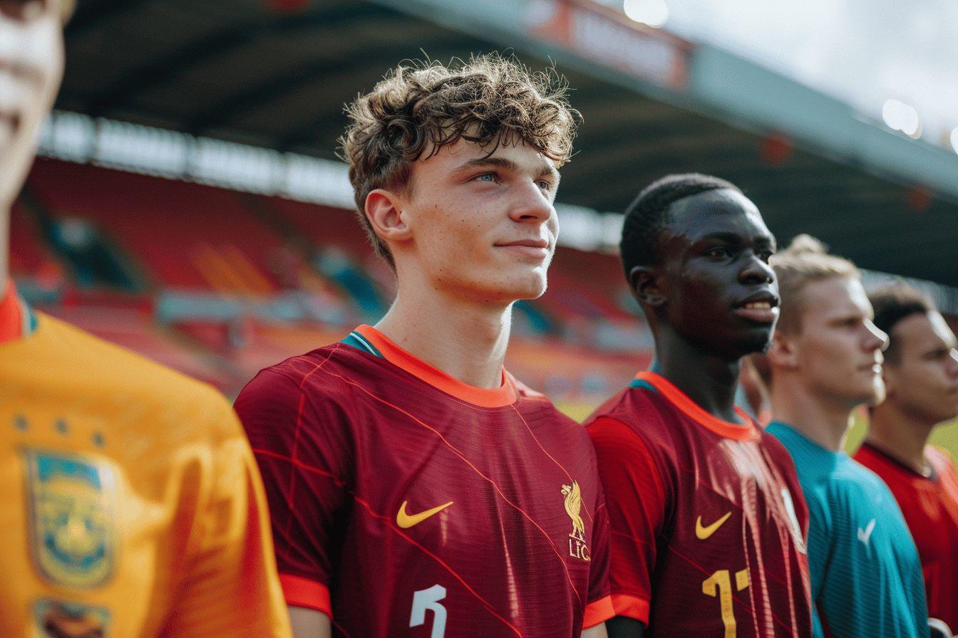 Joueurs de football jeunes et ethniquement divers portant des maillots rouges.