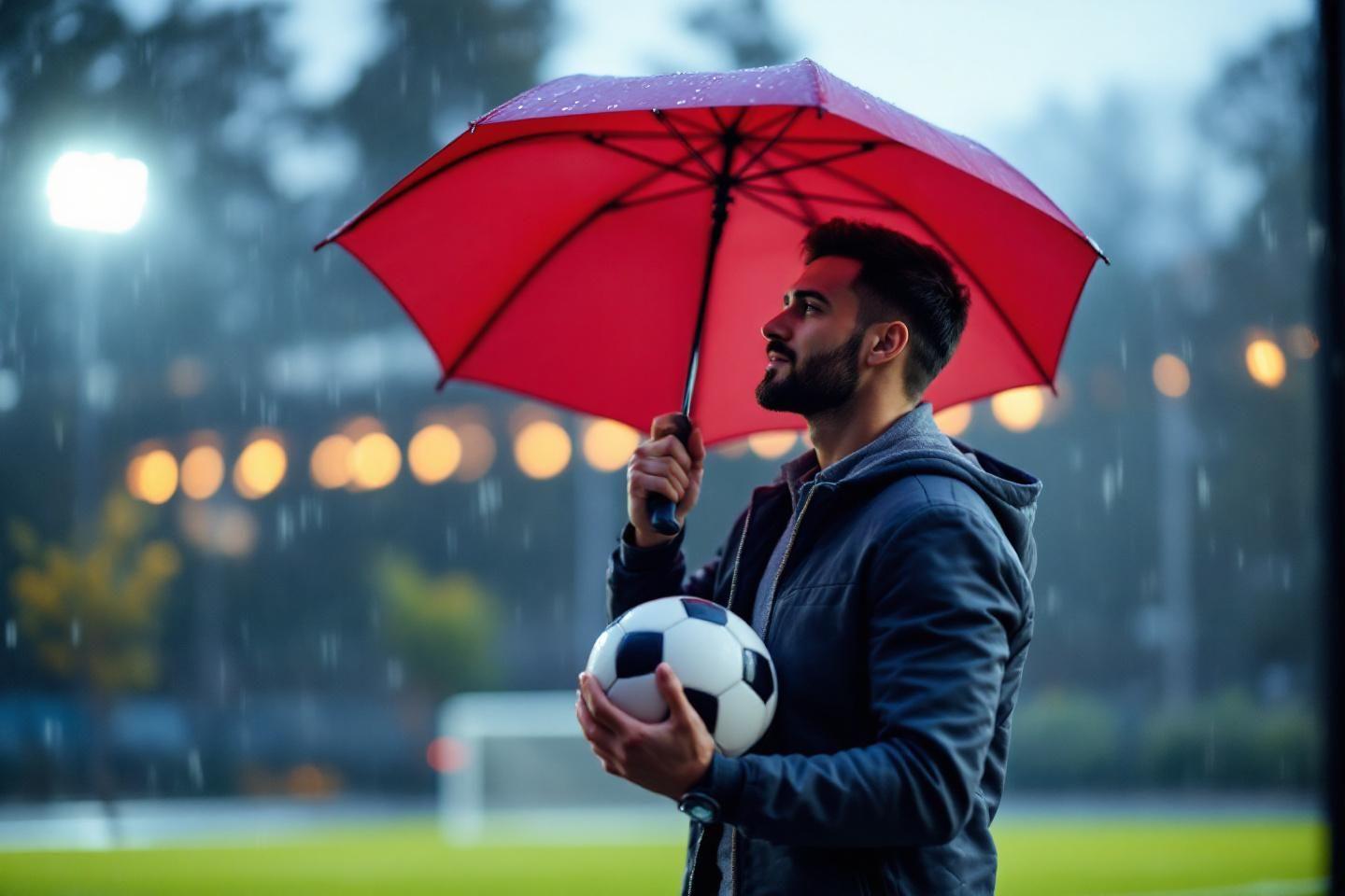 Joueur tenant un ballon et un parapluie rouge