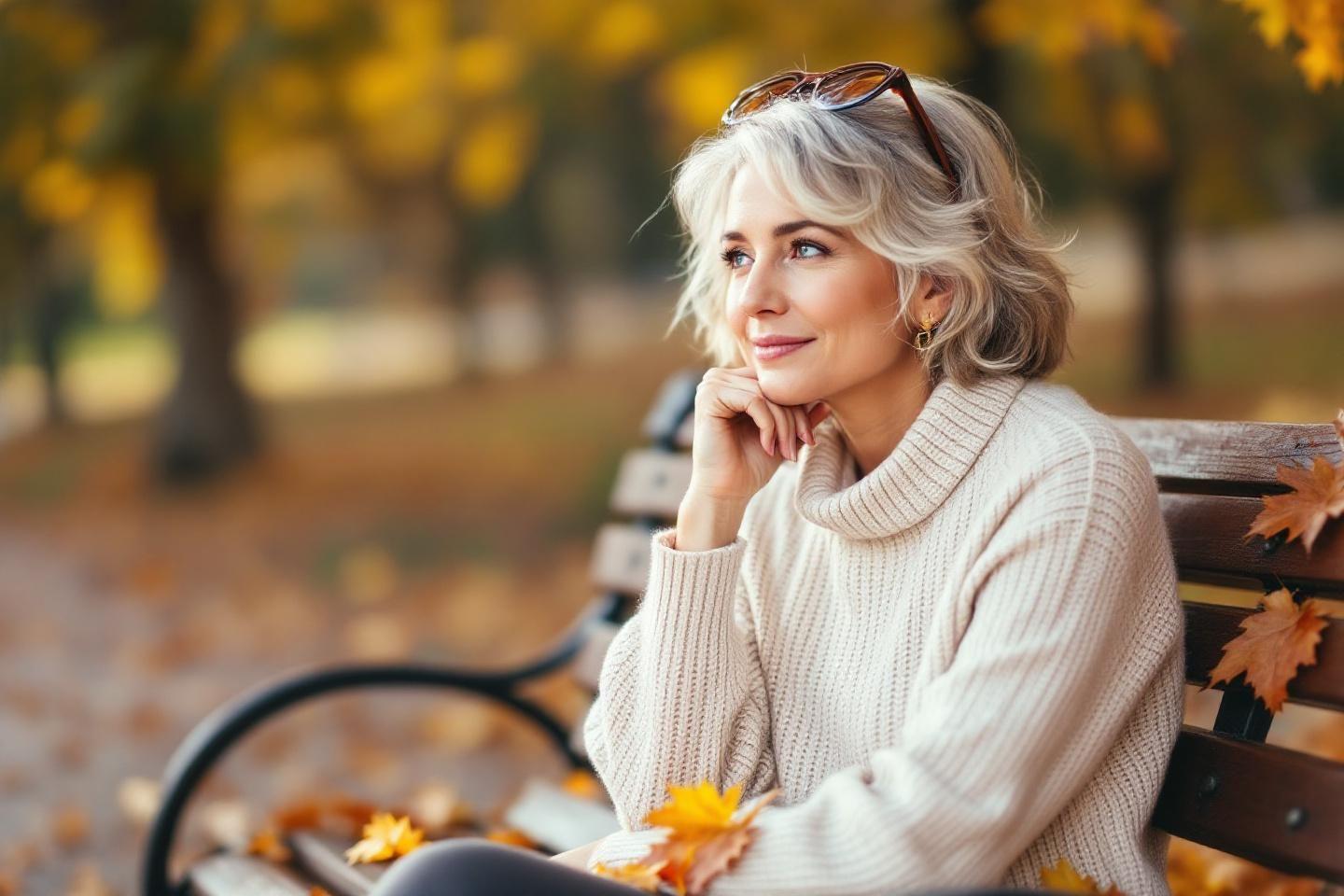 Dame âgée en pull blanc assise sur un banc parmi les feuilles d'automne