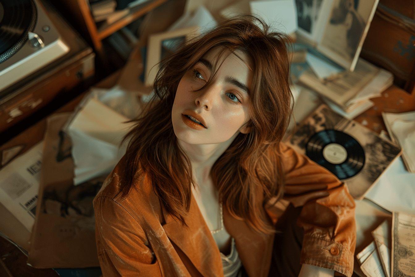 Portrait de femme aux longs cheveux bruns dans un environnement artistique