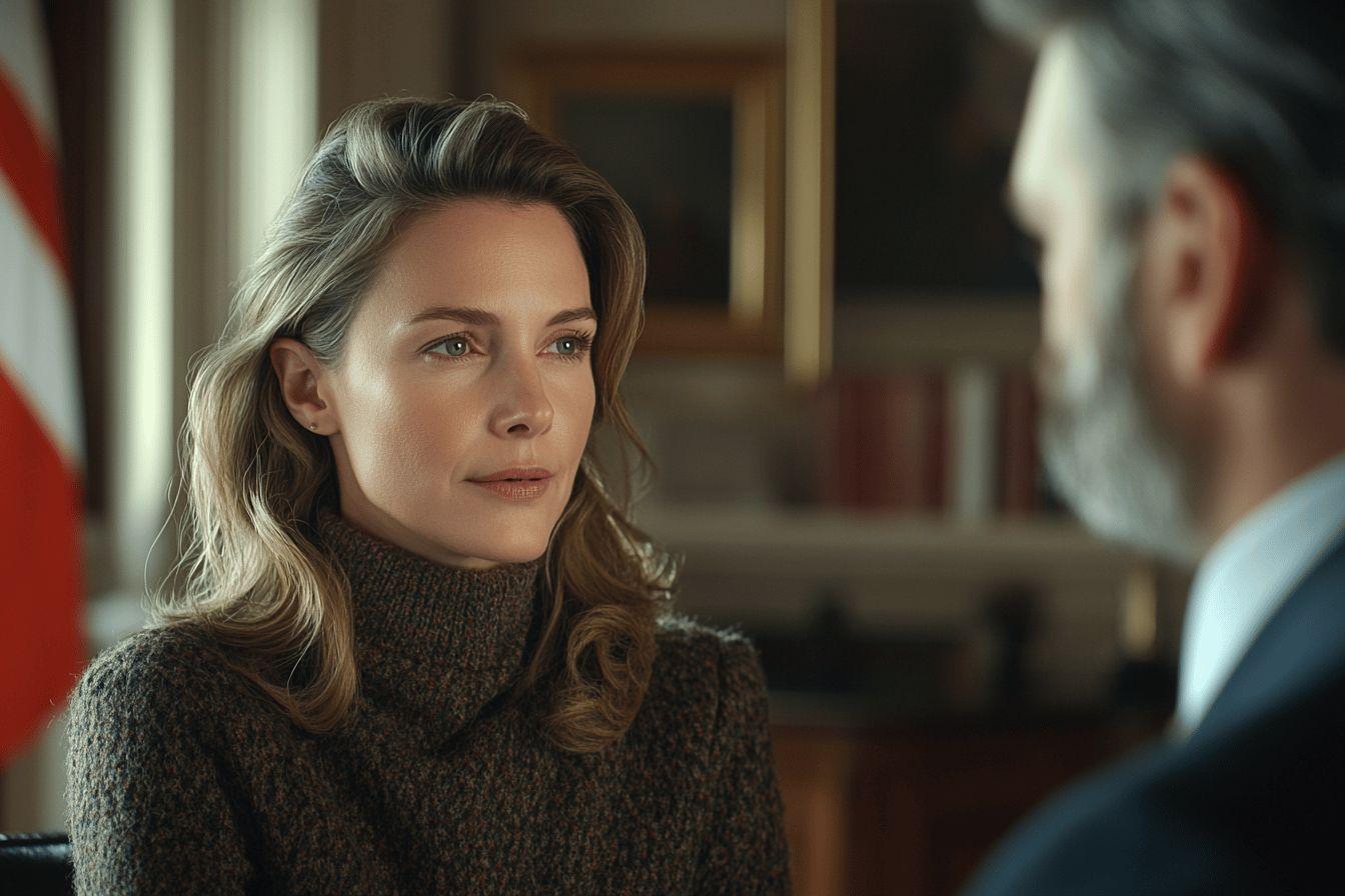 Femme au pull marron écoutant attentivement dans un bureau officiel