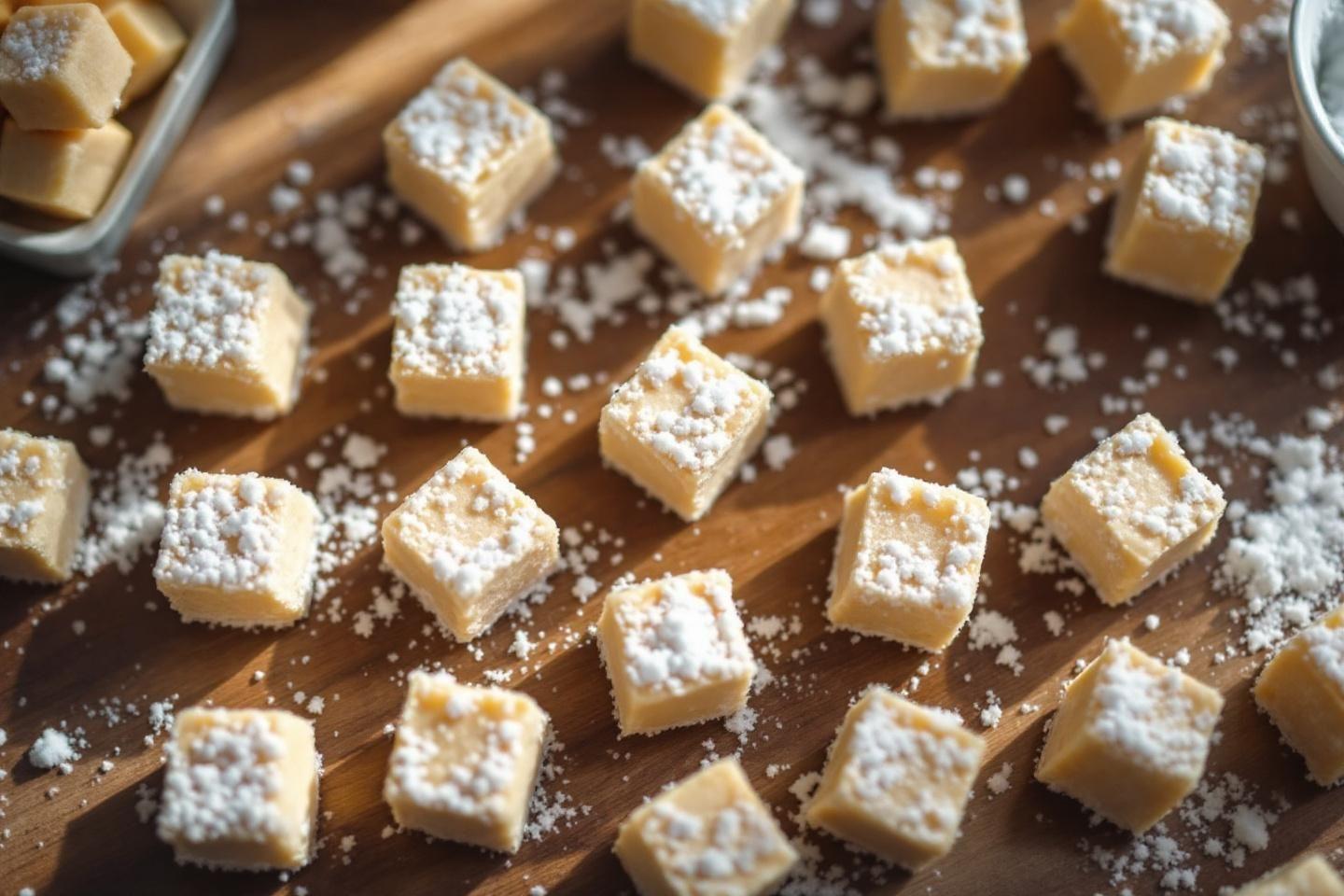 Petits carrés dorés couverts de sucre en poudre blanche