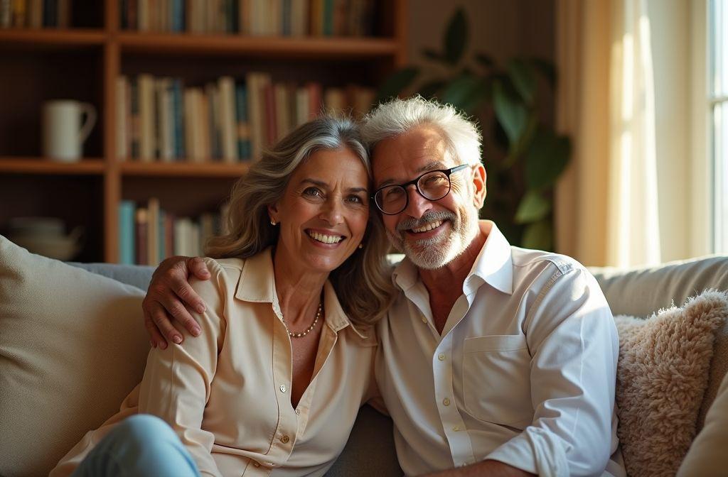 Personnes âgées heureuses enlacées sur un canapé avec bibliothèque