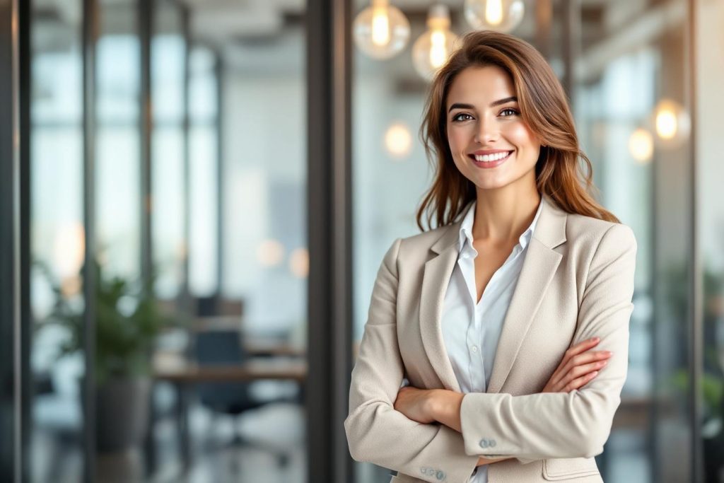 Professionnelle confiante en costume beige dans un environnement moderne