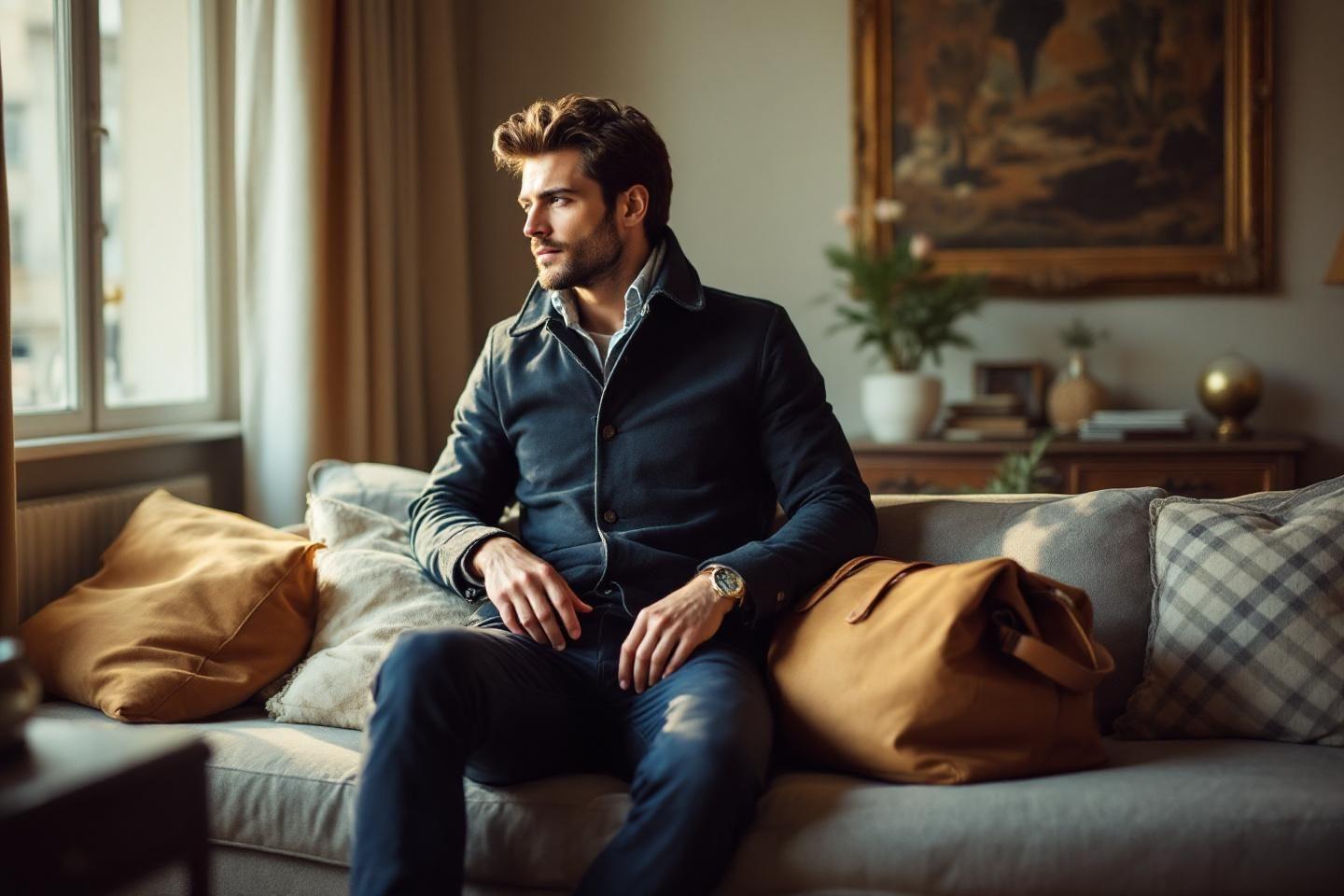 Homme à la mode assis sur un canapé, regardant par la fenêtre